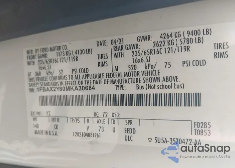 2021 Ford Transit-350 Passenger Van Xlt z USA, uszkodzony, nr VIN 1FBAX2Y80MKA30684